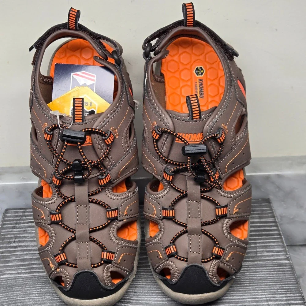 Khombu Kids Brown Orange Closed Toe Hiking Sandals (3) Bungee Lace / Water Shoes